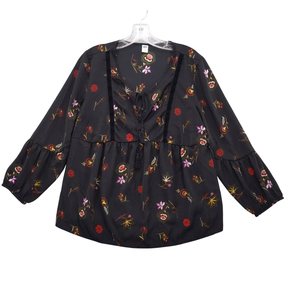 Old Navy Floral Blouse Long Sleeve Peasant Top Black Multicolor M